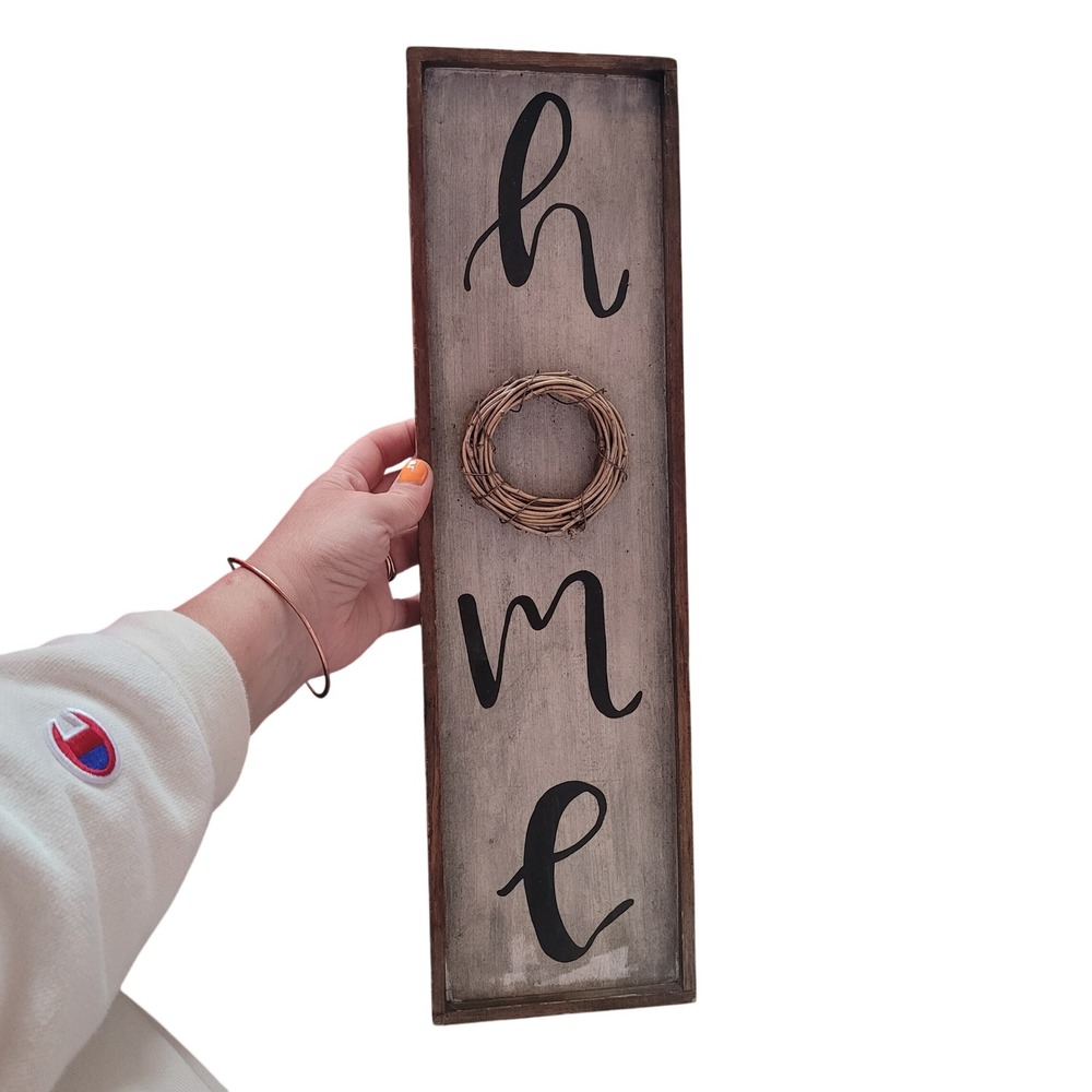 Rustic Farmhouse Wood HOME Wall Sign with Grapevine Wreath Distressed Vertical‎